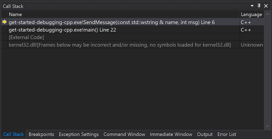 Captura de tela que mostra como examinar a pilha de chamadas no Visual Studio.