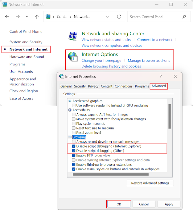 Captura de ecrã que mostra como selecionar 'Desativar depuração de script' nas opções para Propriedades da Internet no Painel de Controlo do Windows.