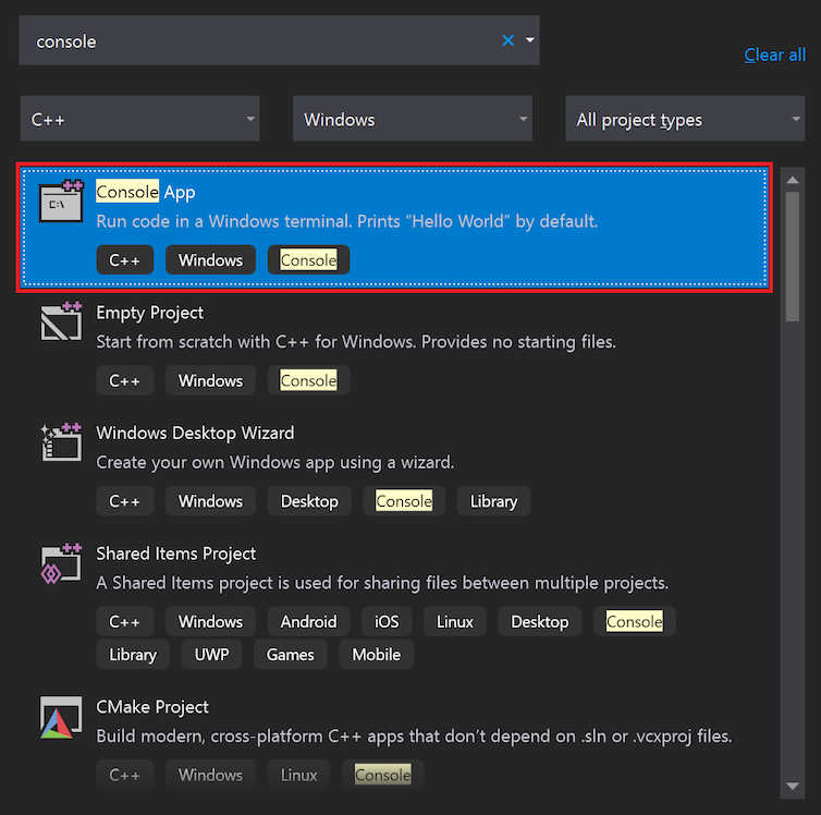 Captura de tela que mostra como procurar e selecionar o modelo Aplicativo de Console na janela Iniciar do Visual Studio.