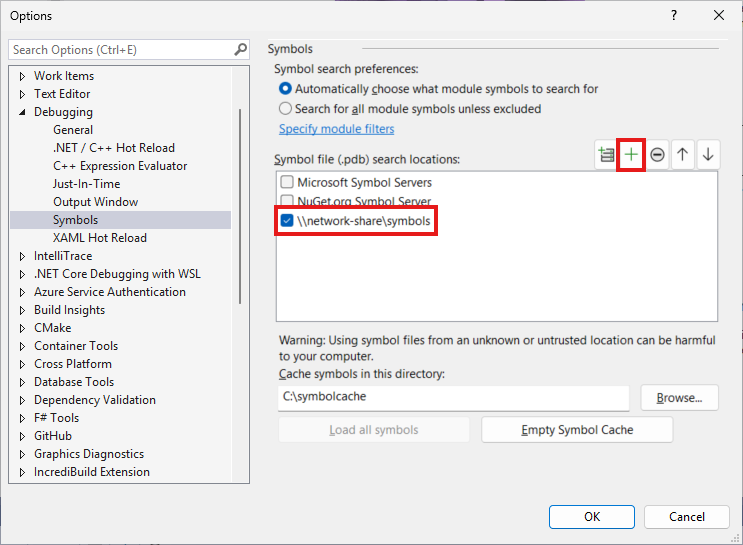 Tools - Options - Debugging - Symbols page