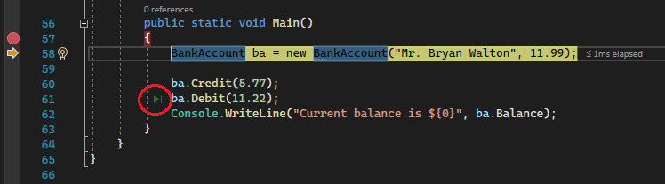 Captura de tela do Depurador do Visual Studio mostrando o botão Executar para Clicar aparecendo à esquerda de uma chamada para uma função.