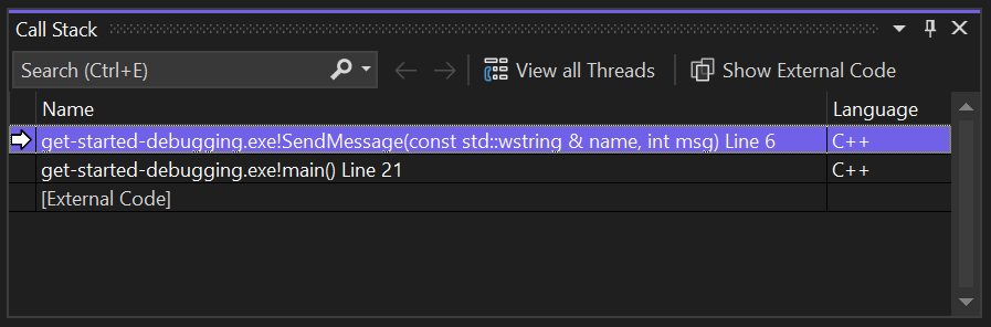 Captura de tela que mostra como examinar a pilha de chamadas no Visual Studio 2022.