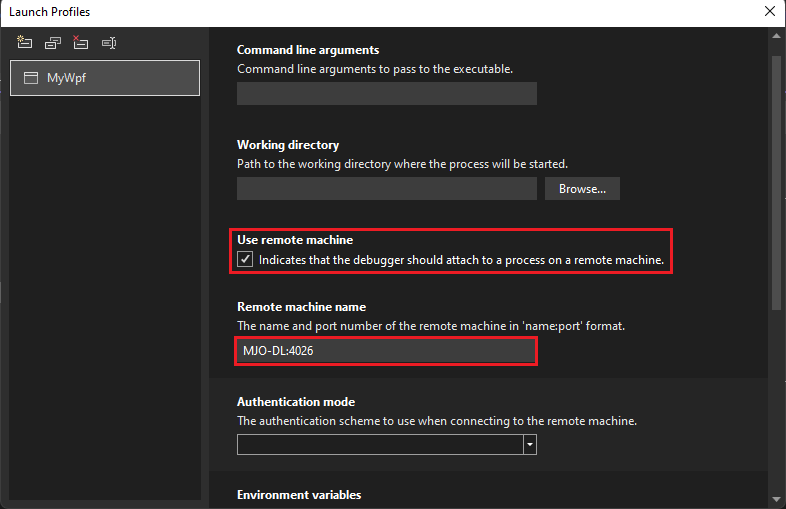 Captura de tela da interface do usuário do perfil de inicialização de depuração nas Propriedades do Projeto do Visual Studio para C# e .NET.