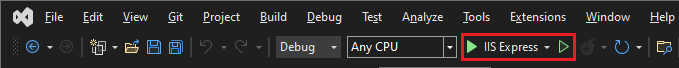 Screenshot shows the IIS Express button highlighted in the toolbar for Visual Studio.