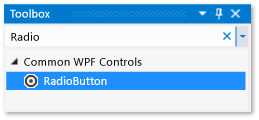 Captura de tela da janela Caixa de Ferramentas com o controle RadioButton selecionado na lista de Controles WPF Comuns.