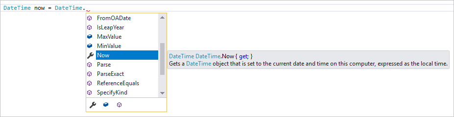 Captura de tela que mostra uma lista de membros do IntelliSense.