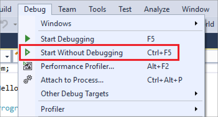 Captura de tela que mostra o item de menu Depurar > Iniciar sem Depuração.