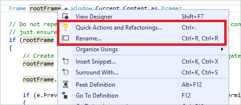 Captura de tela que mostra a Refatoração no Visual Studio.