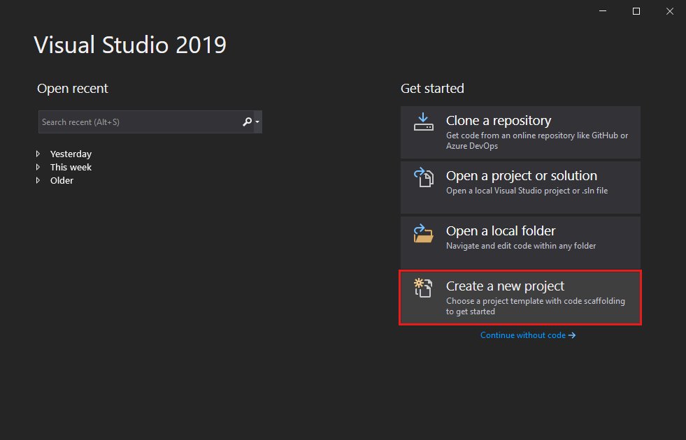 Screenshot shows the Create a new project option in the Visual Studio start window.