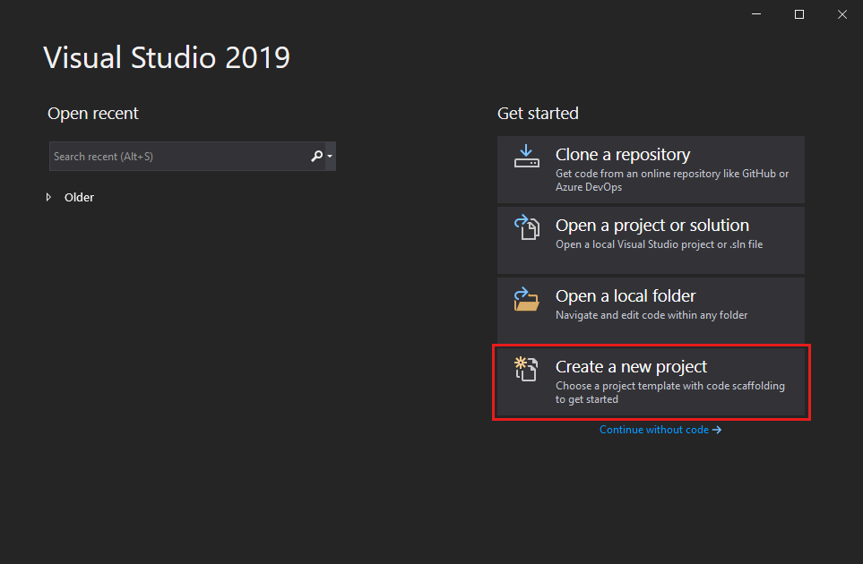 Screenshot shows the start window for Visual Studio. Create a new project option is highlighted.