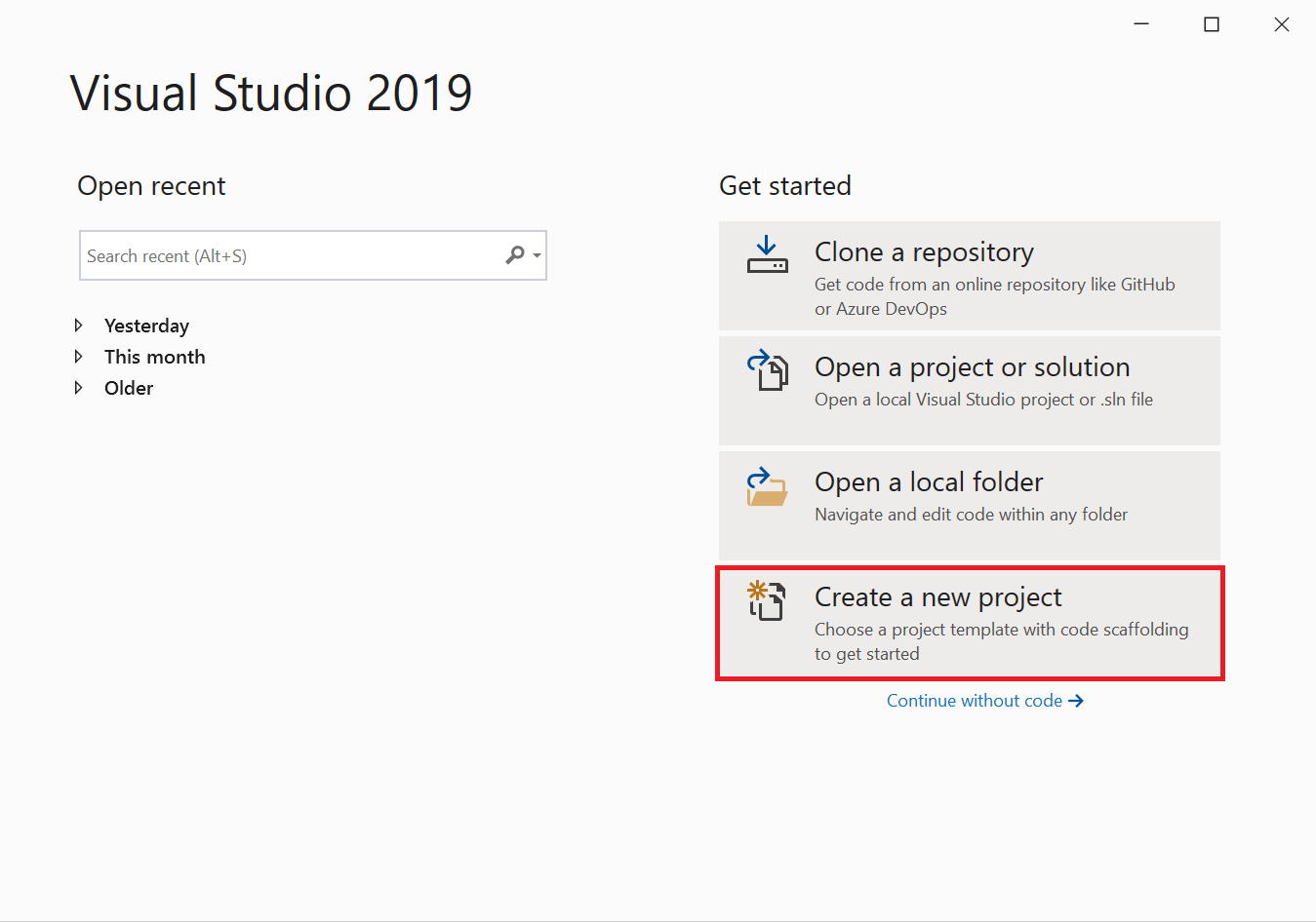 View the 'Create a new project' window