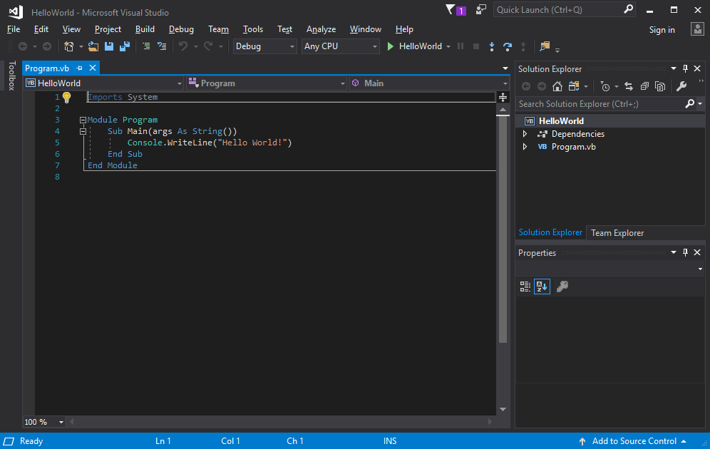 Captura de tela que mostra o IDE do Visual Studio.