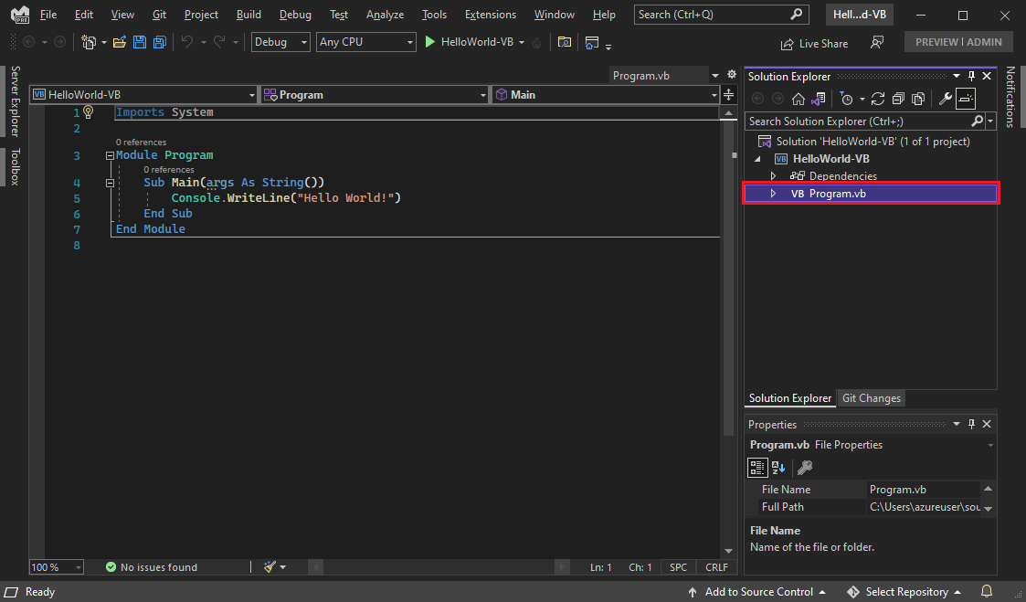 Captura de tela que mostra o IDE do Visual Studio com o código Program.vb no editor.