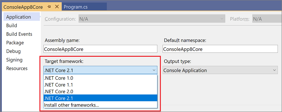 Versões da estrutura de destino para um projeto .NET Core