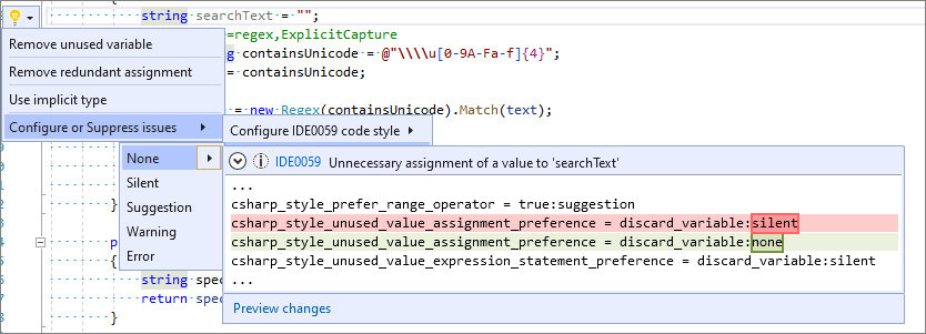 Configure o nível de severidade de uma regra de estilo de código diretamente no editor