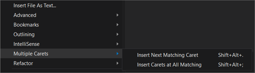 Captura de tela do menu de múltiplos cursores no Visual Studio