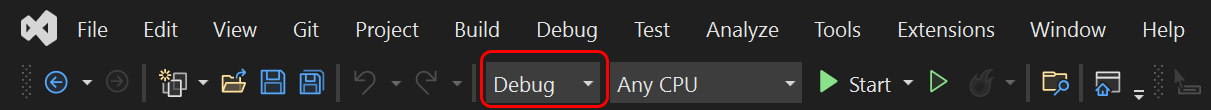 Captura de tela mostrando a configuração ativa na barra de ferramentas principal do Visual Studio.