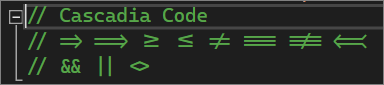 Captura de tela de um exemplo da fonte Cascadia Code no Editor.