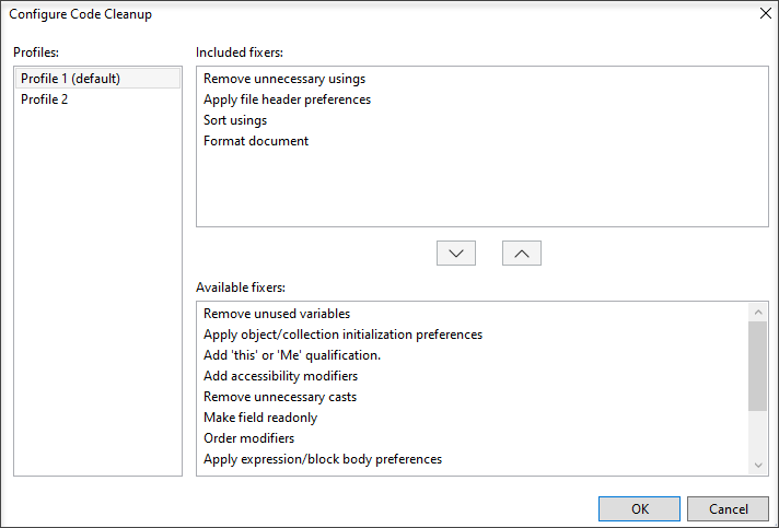 captura de ecrã de Configurar limpeza de código.