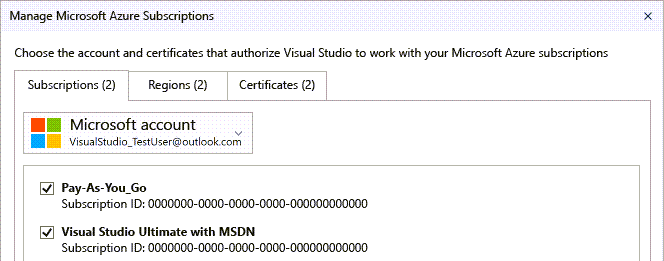 Manage Azure Subscriptions dialog