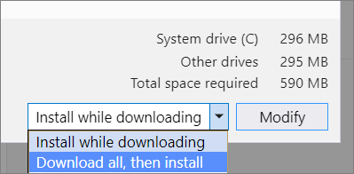 Captura de tela das opções de download e instalação no Instalador do Visual Studio.