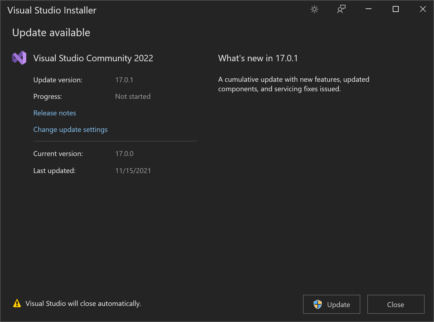 Captura de tela mostrando o botão Atualizar na caixa de diálogo 'Atualização disponível' no Visual Studio 2022.