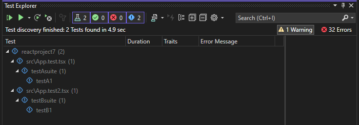 Captura de tela da descoberta de teste do Test Explorer (ASP.NET Core).