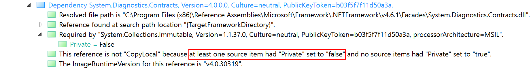 Captura de tela mostrando Private definido como false no visualizador de log estruturado.