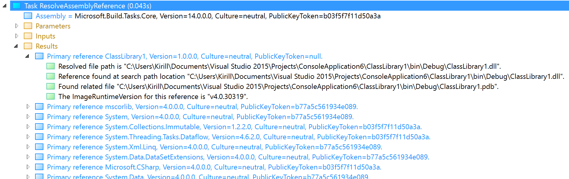 Captura de tela mostrando os resultados de ResolveAssemblyReference no visualizador de log estruturado.