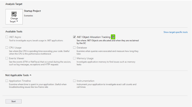 Captura de tela das configurações da ferramenta de Alocação do Dotnet.