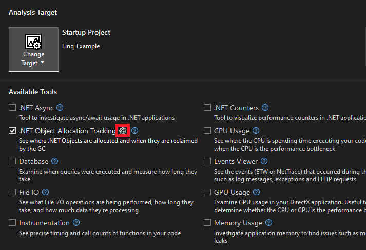 Captura de tela das configurações da ferramenta de Alocação do Dotnet.