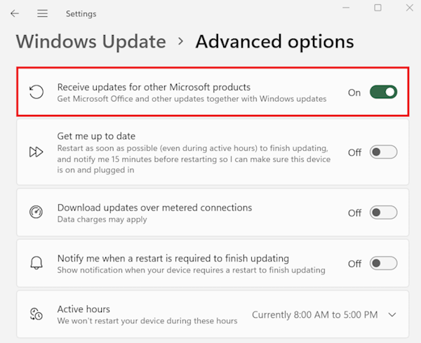 Opções avançadas do Windows Update