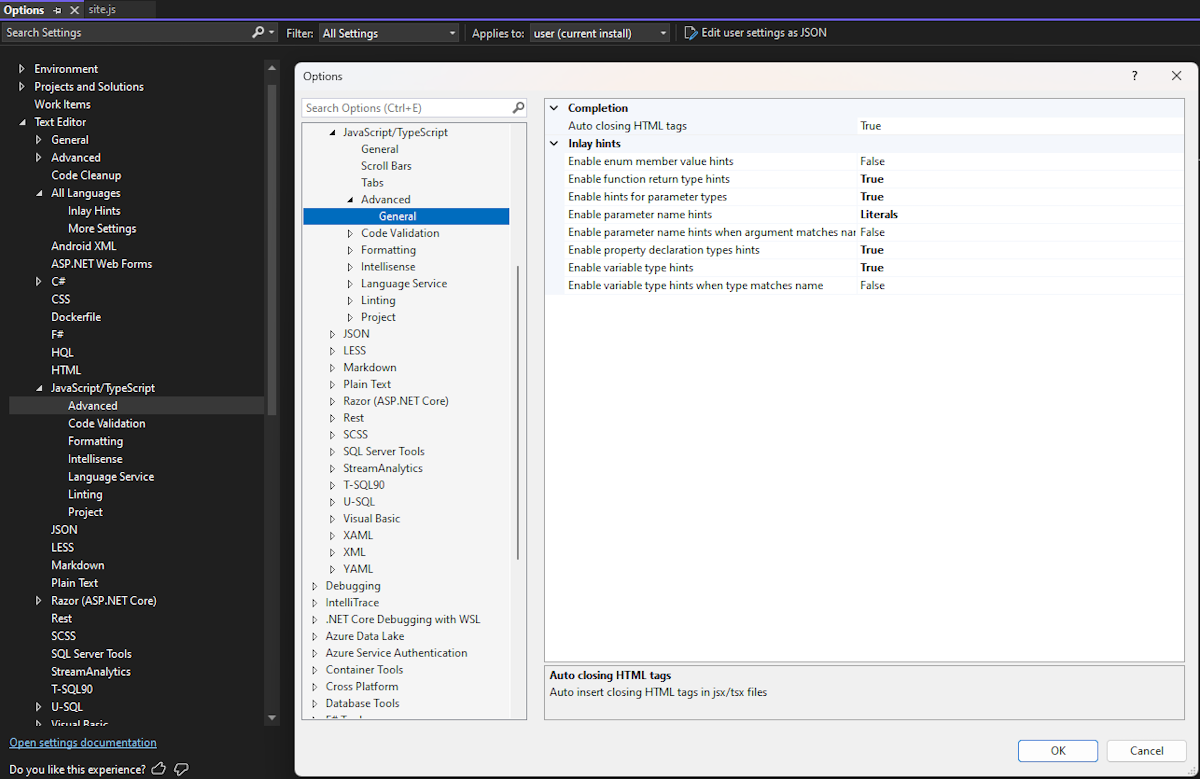 Configuração global do TypeScript Inlay Hints