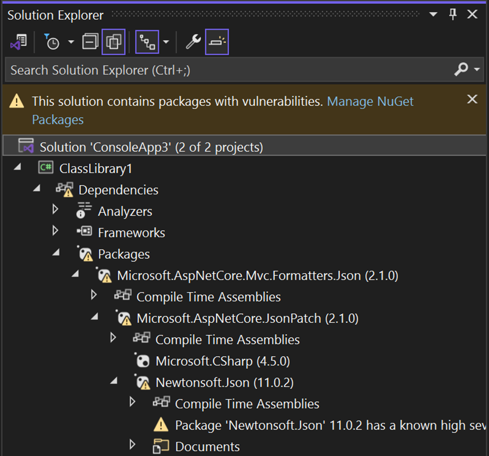 Vulnerabilidades de dependências transitivas no Solution Explorer