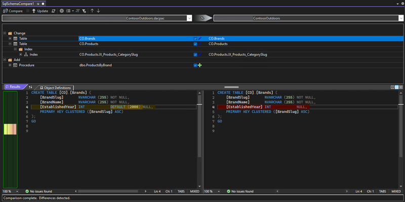 Comparação de esquema no SQL Server Data Tools no formato SDK