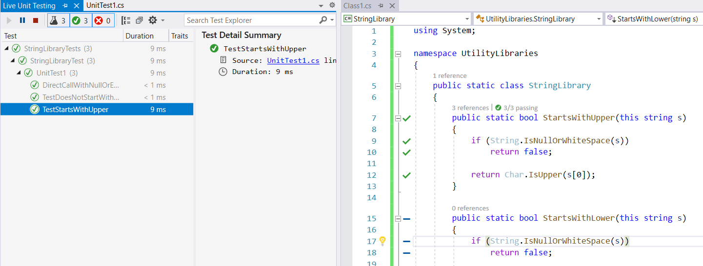 O Live Test Explorer e a janela do editor de código depois de iniciar o teste do Live Unit