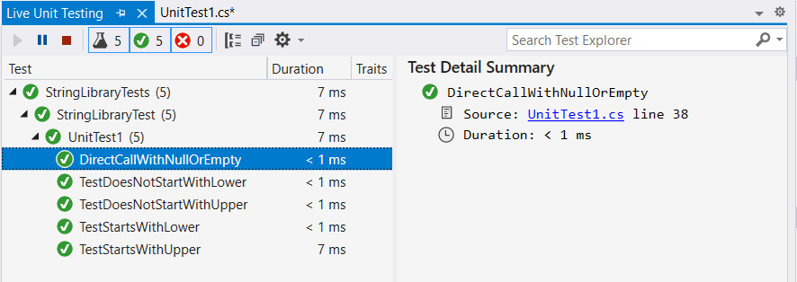 o Live Test Explorer depois de expandir a cobertura do teste