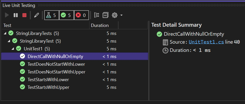 o Live Test Explorer depois de expandir a cobertura de testes