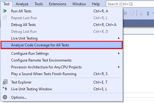 Captura de tela do menu Teste com Analisar cobertura de código realçada.