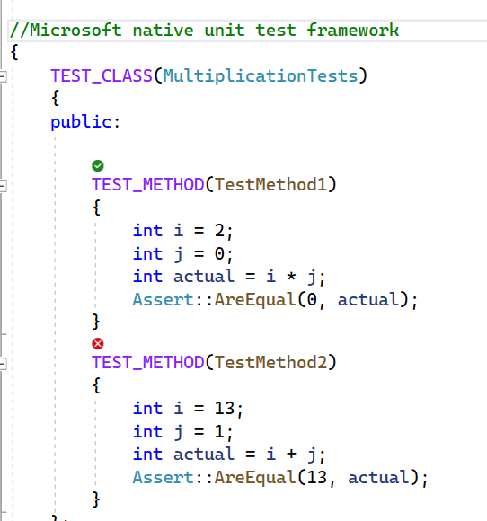 Captura de tela mostra os ícones do C++ CodeLens no Visual Studio 2019.