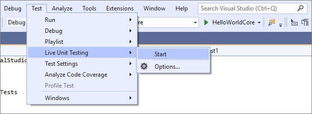 Start live unit testing in Visual Studio 2019