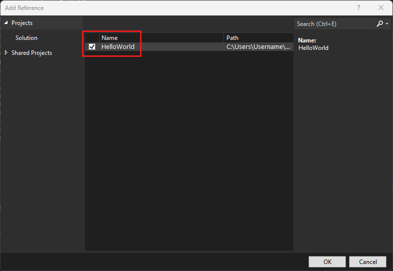 Captura de tela mostra a caixa de diálogo Adicionar Referência no Visual Studio 2022.