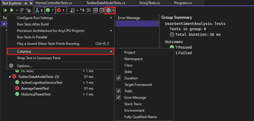 Captura de tela do Visual Studio Test Explorer que mostra um menu com Colunas selecionadas e um submenu com Duração, Traços e Mensagem de Erro selecionados.