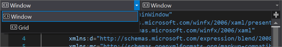 A lista suspensa do Elemento: Janela no Visual Studio