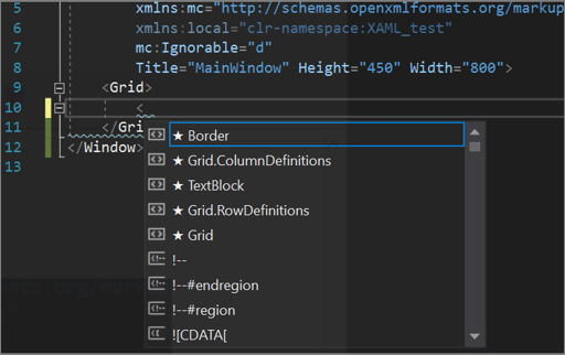 A lista do IntelliCode para o editor de texto XAML