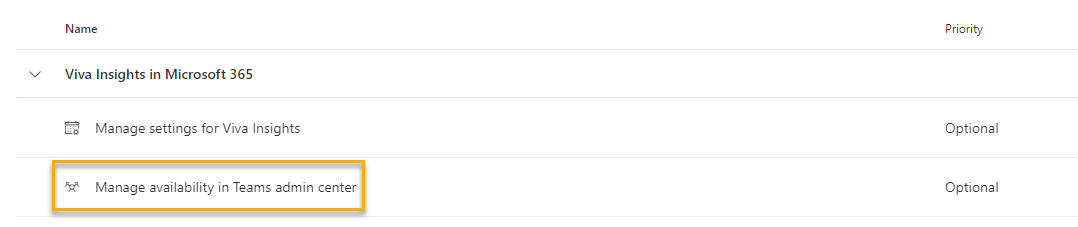 Captura de ecrã que mostra Gerir a disponibilidade no centro de administração do Teams na página de administração do Viva Insights.