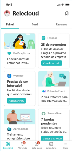 Imagem do Viva Connections dashboard concebido para trabalhadores de primeira linha.