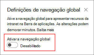 Captura de tela de onde habilitar a opção de navegação global no painel de configurações.