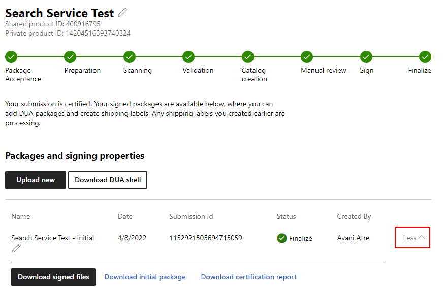 Captura de tela que mostra as opções de download de arquivo para um envio de driver