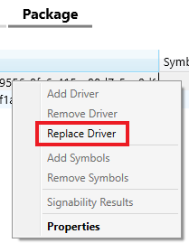 uma imagem mostrando a opção Substituir Driver no HLK.